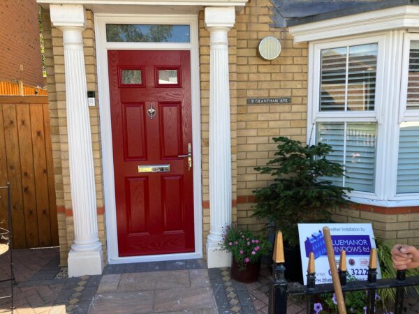 red woodgrain front door