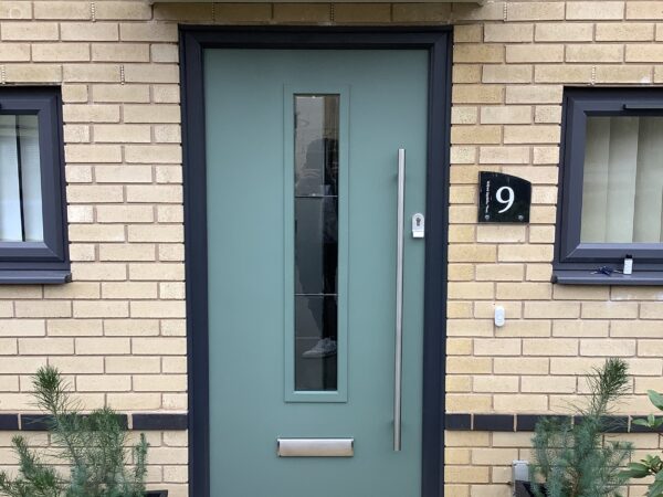 Teal door with rectangle design