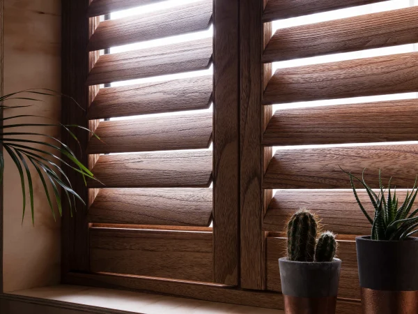 Close-up of natural wood-grain plantation shutters with sunlight filtering through the louvres.